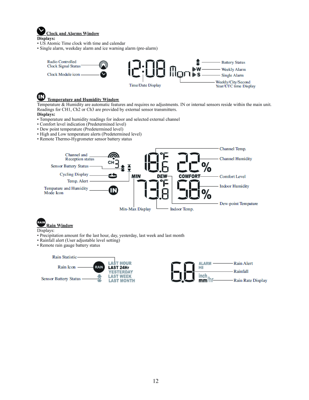 Meade TE827W user manual Clock and Alarms Window Displays, Temperature and Humidity Window, Rain Window 