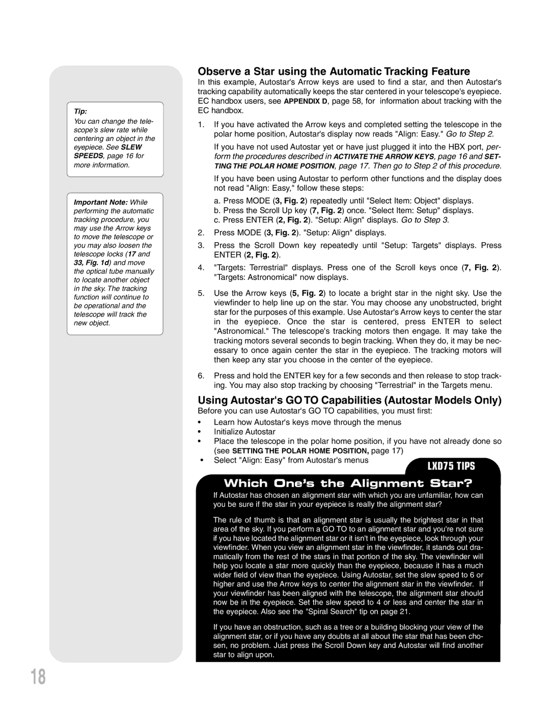 Meade Telescope, LXD 75 instruction manual Observe a Star using the Automatic Tracking Feature 