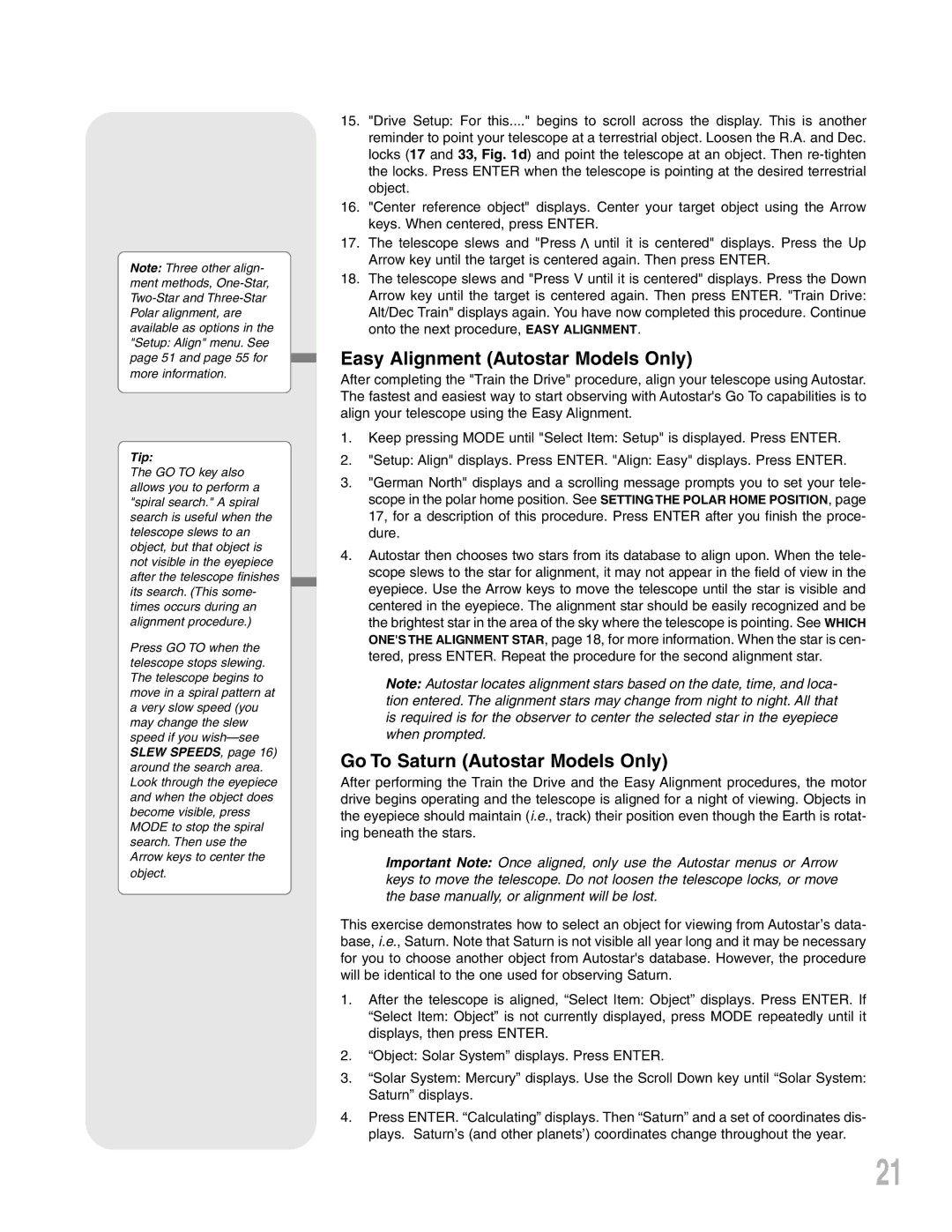 Meade LXD 75, Telescope instruction manual Easy Alignment Autostar Models Only, Go To Saturn Autostar Models Only 