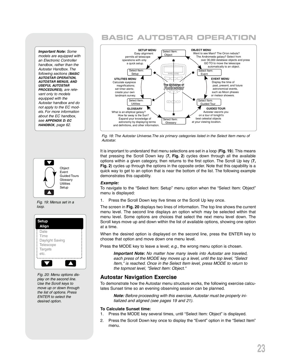 Meade LXD 75, Telescope instruction manual Autostar Navigation Exercise, To Calculate Sunset time 