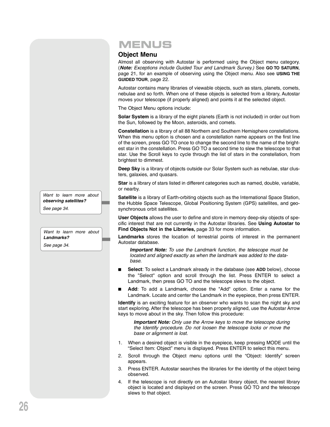 Meade Telescope, LXD 75 instruction manual Menus, Object Menu 