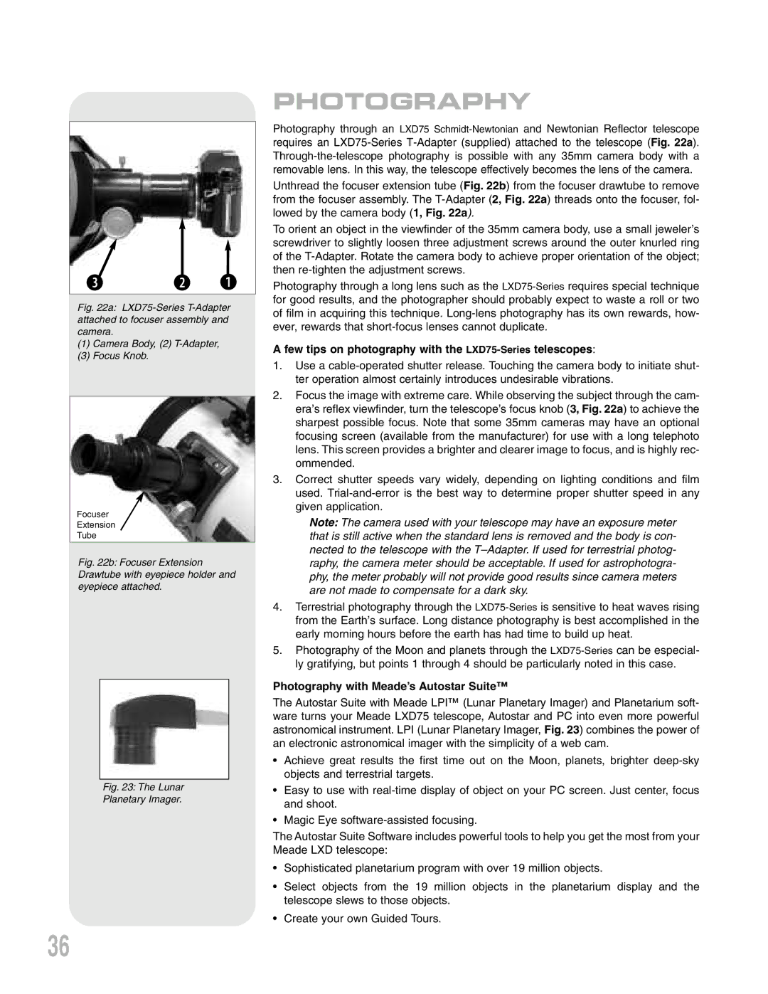 Meade Telescope, LXD 75 instruction manual Photography, Few tips on photography with the LXD75-Seriestelescopes 