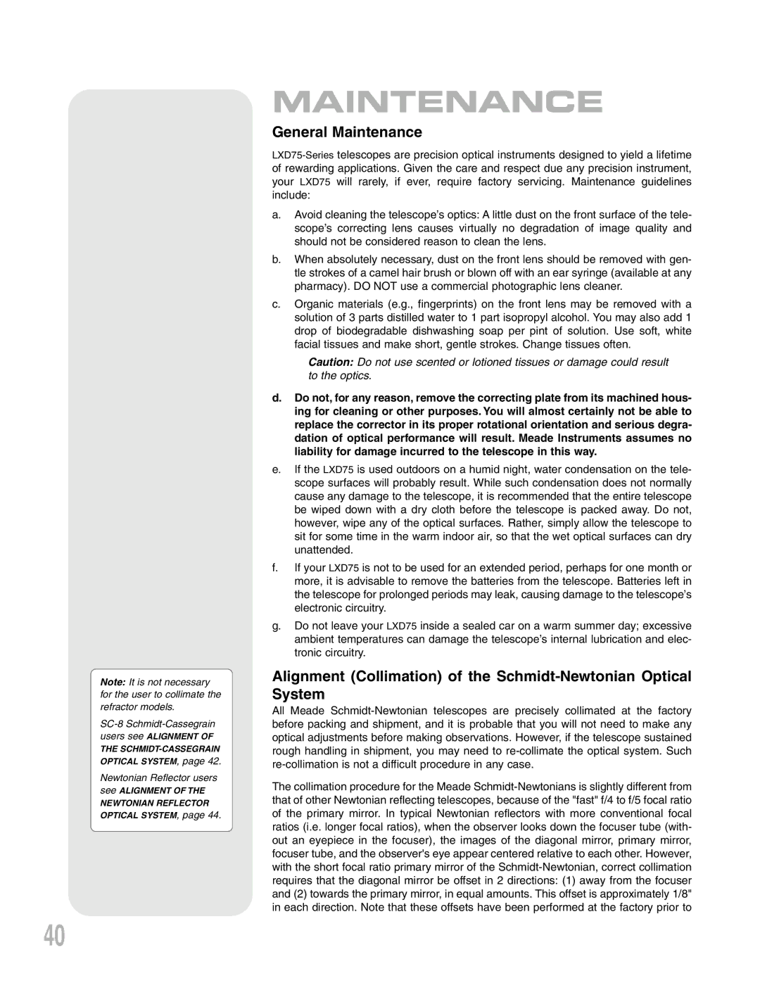 Meade Telescope, LXD 75 instruction manual General Maintenance 