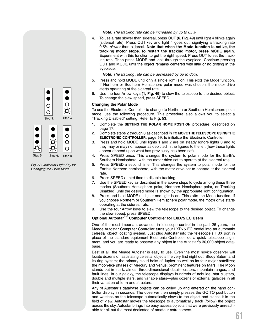 Meade LXD 75, Telescope instruction manual Changing the Polar Mode, Optional Autostar Computer Controller for LXD75 EC Users 