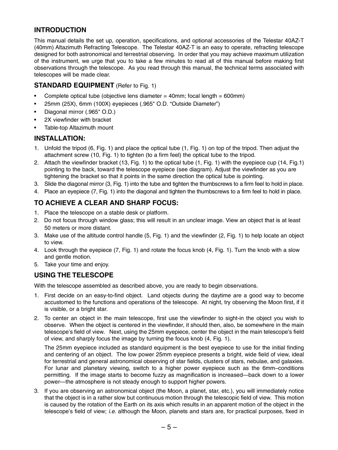 Meade Telestar 40AZ-T Introduction, Installation, To Achieve a Clear and Sharp Focus, Using the Telescope 