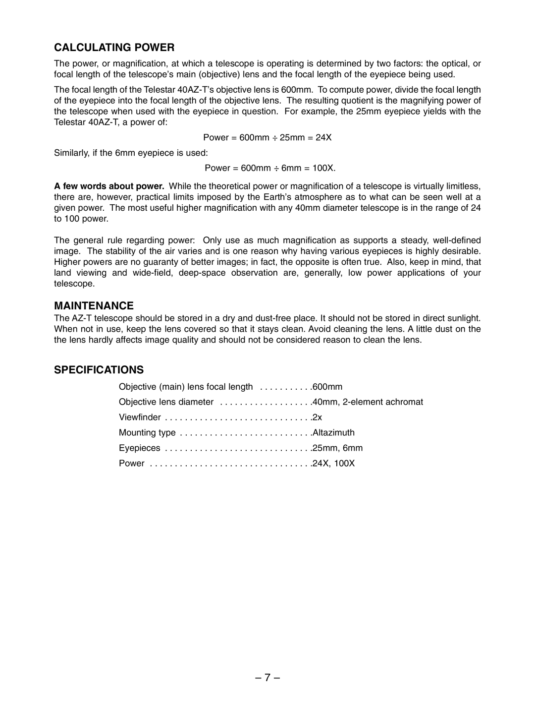 Meade Telestar 40AZ-T instruction manual Calculating Power, Maintenance, Specifications 