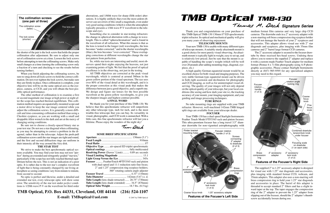 Meade TMB-130 specifications Collimation screws One pair of three, Features of the Focuser’s Right Side 