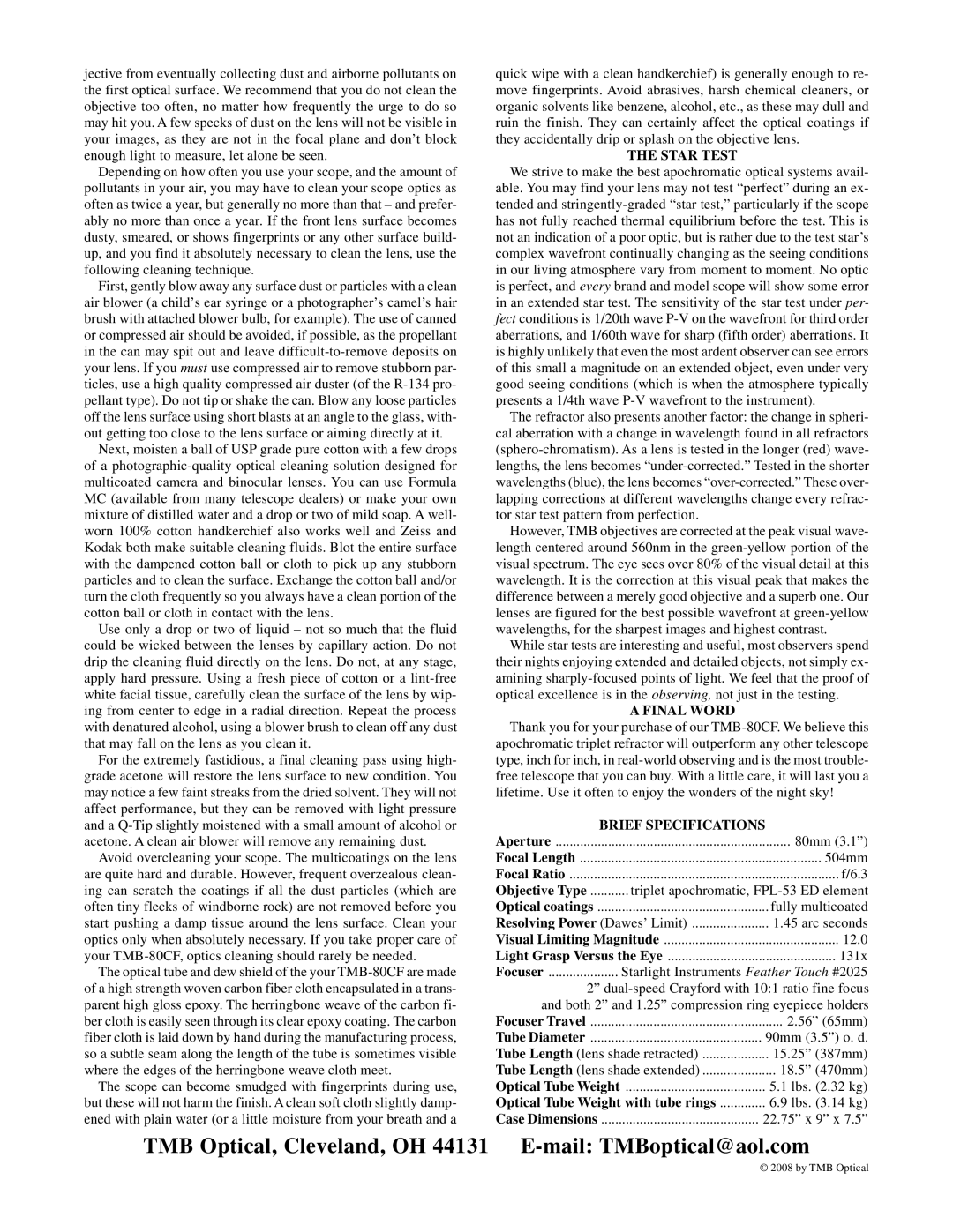 Meade TMB-80CF manual Star Test, Final Word, Brief Specifications 