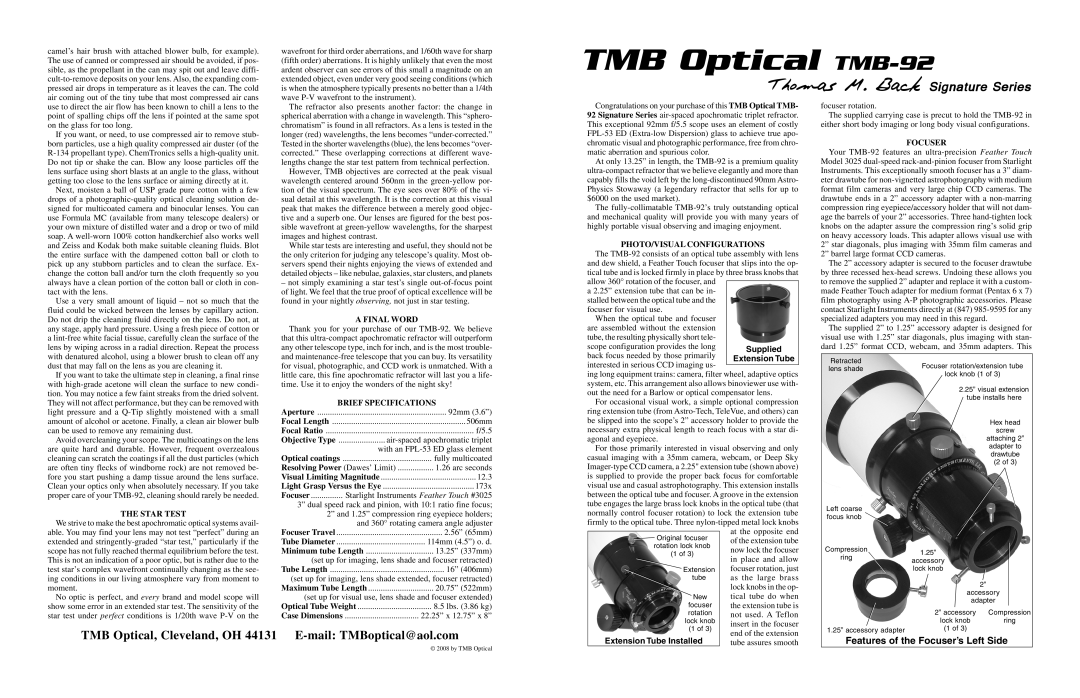 Meade TMB-92 specifications Features of the Focuser’s Left Side 