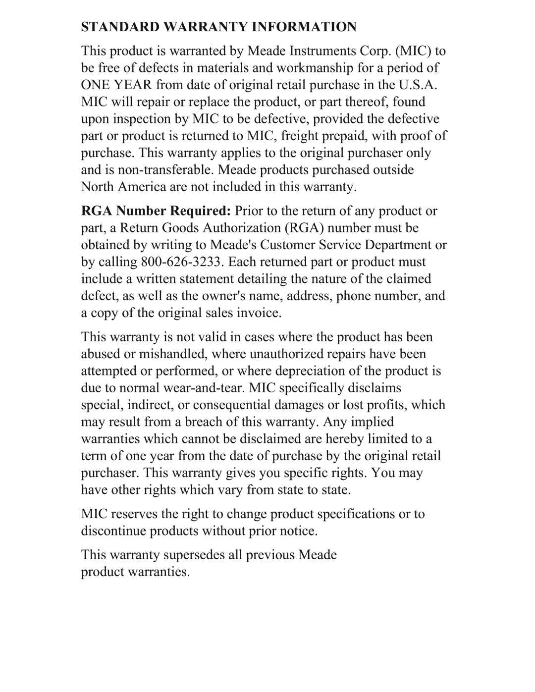 Meade TS33C-M user manual Standard Warranty Information 