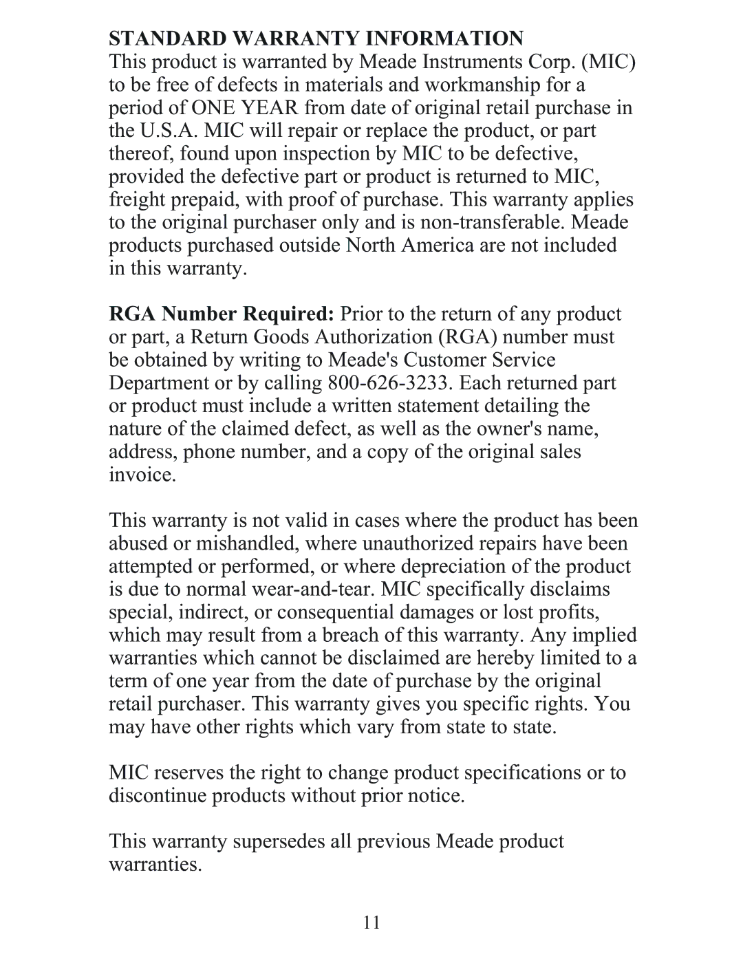 Meade TS33F-M user manual Standard Warranty Information 