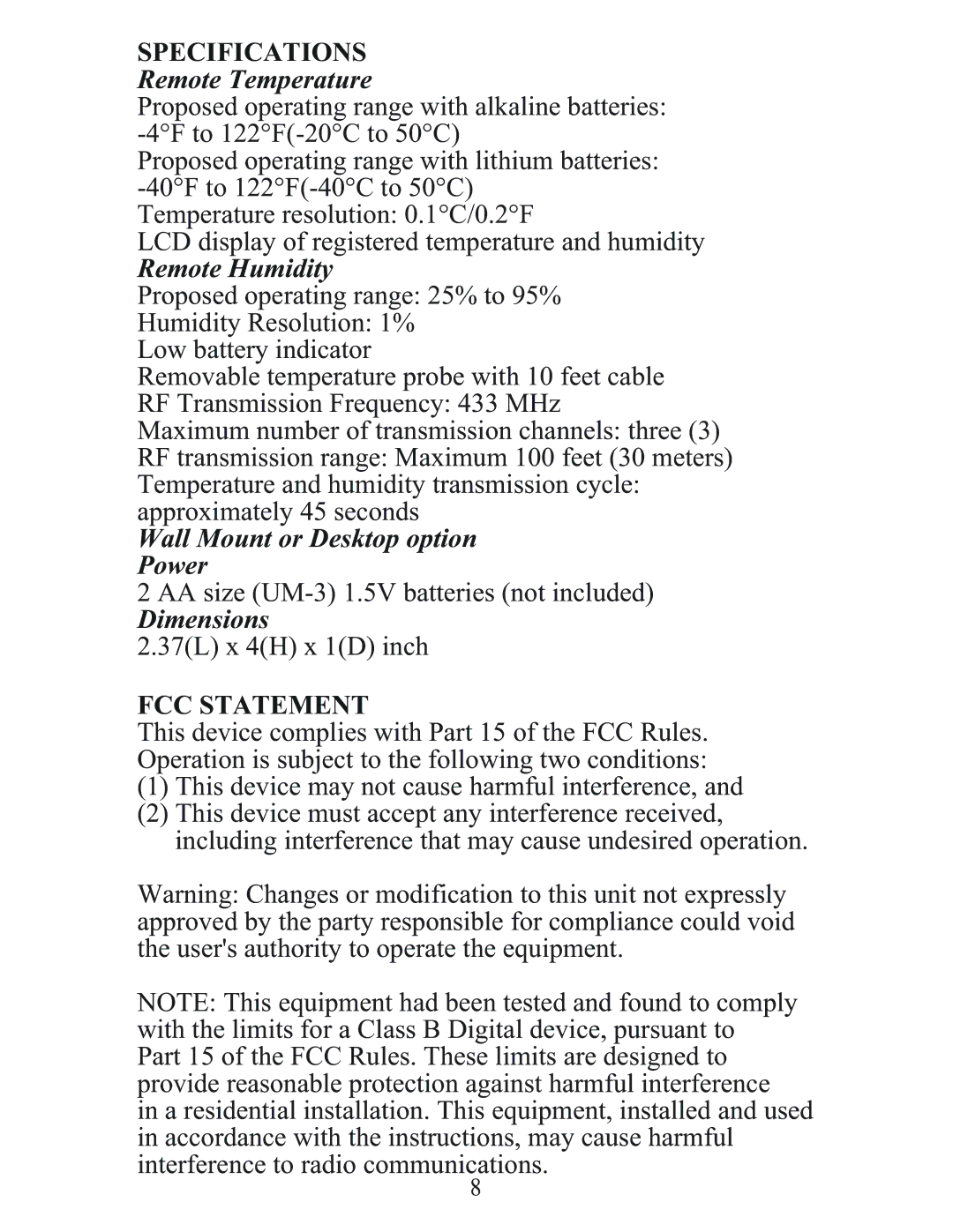 Meade TS33F-M user manual Specifications, FCC Statement 