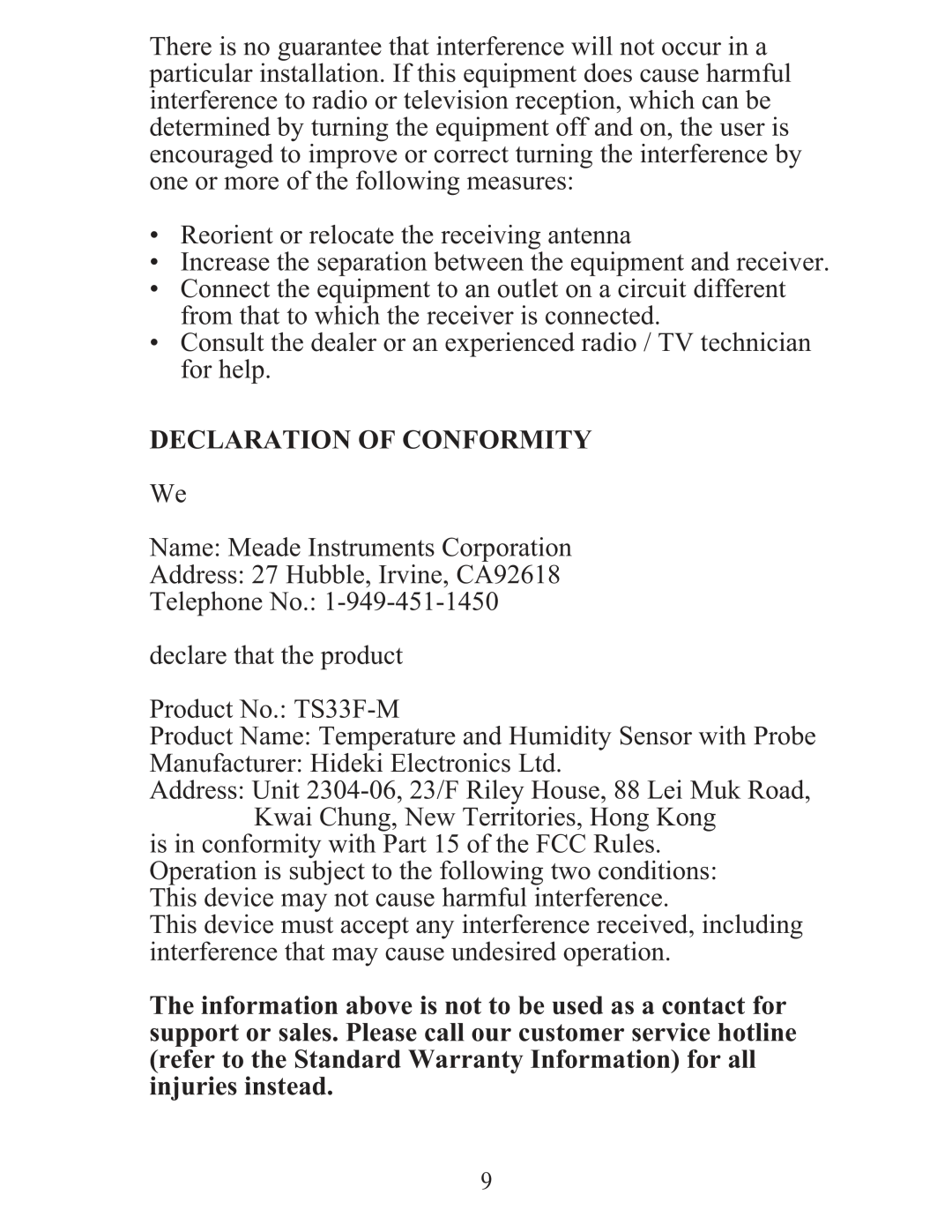 Meade TS33F-M user manual Declaration Of Conformity 