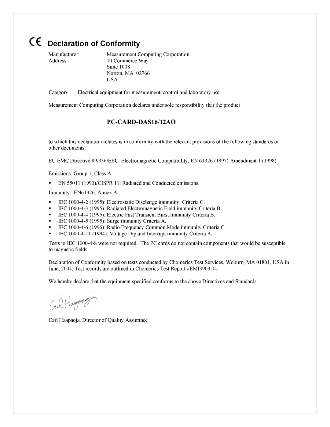 Measurement Specialties PC-CARD-DAS16/12AO manual Declaration of Conformity, Usa 