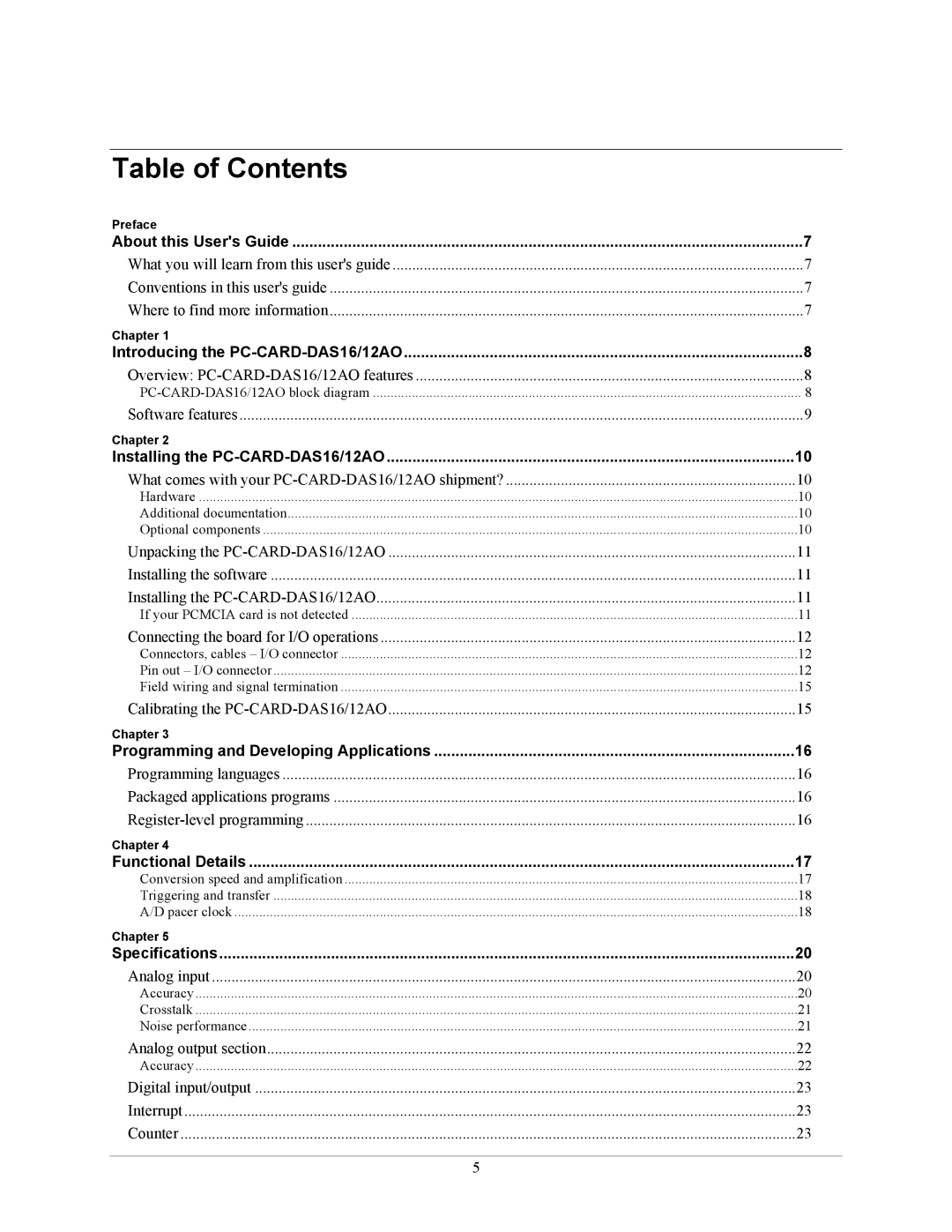 Measurement Specialties PC-CARD-DAS16/12AO manual Table of Contents 