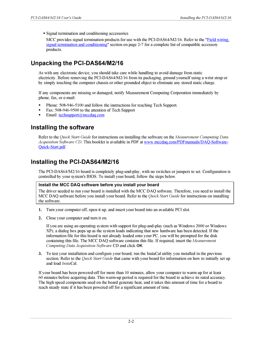 Measurement Specialties manual Unpacking the PCI-DAS64/M2/16, Installing the software Installing the PCI-DAS64/M2/16 