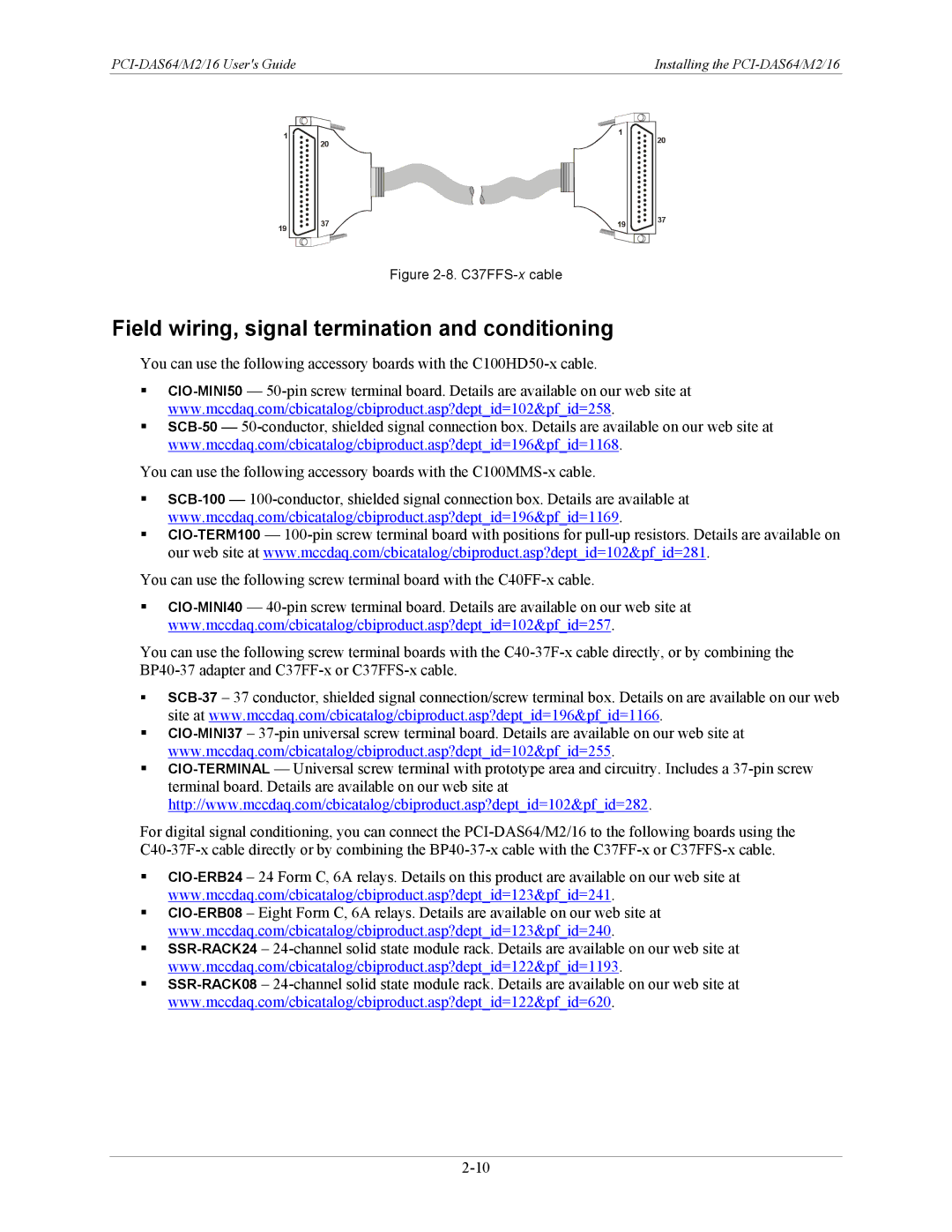 Measurement Specialties PCI-DAS64/M2/16 manual Field wiring, signal termination and conditioning, C37FFS-xcable 