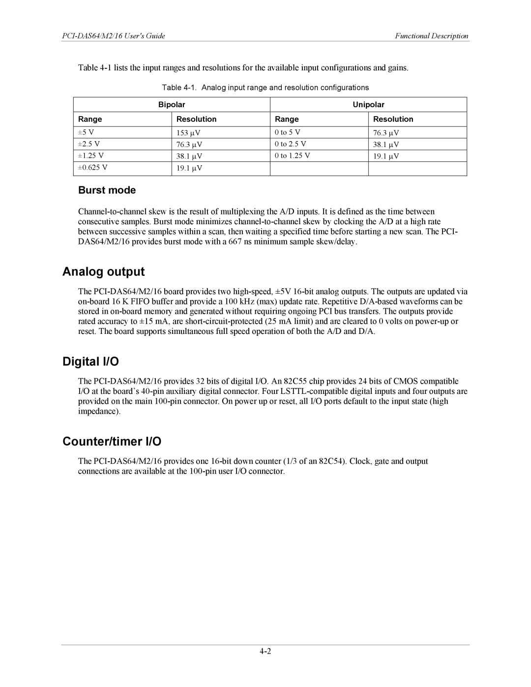 Measurement Specialties PCI-DAS64/M2/16 manual Analog output, Digital I/O, Counter/timer I/O, Burst mode 