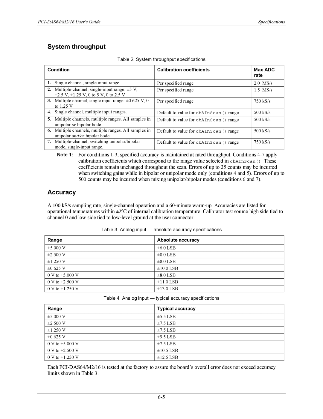 Measurement Specialties PCI-DAS64/M2/16 manual Accuracy, System throughput specifications 