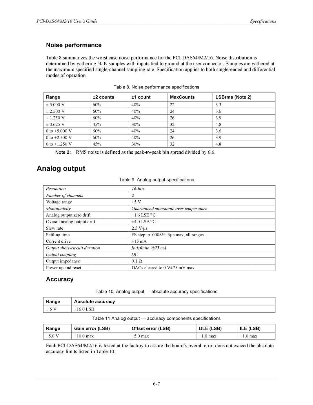 Measurement Specialties PCI-DAS64/M2/16 manual Noise performance specifications 