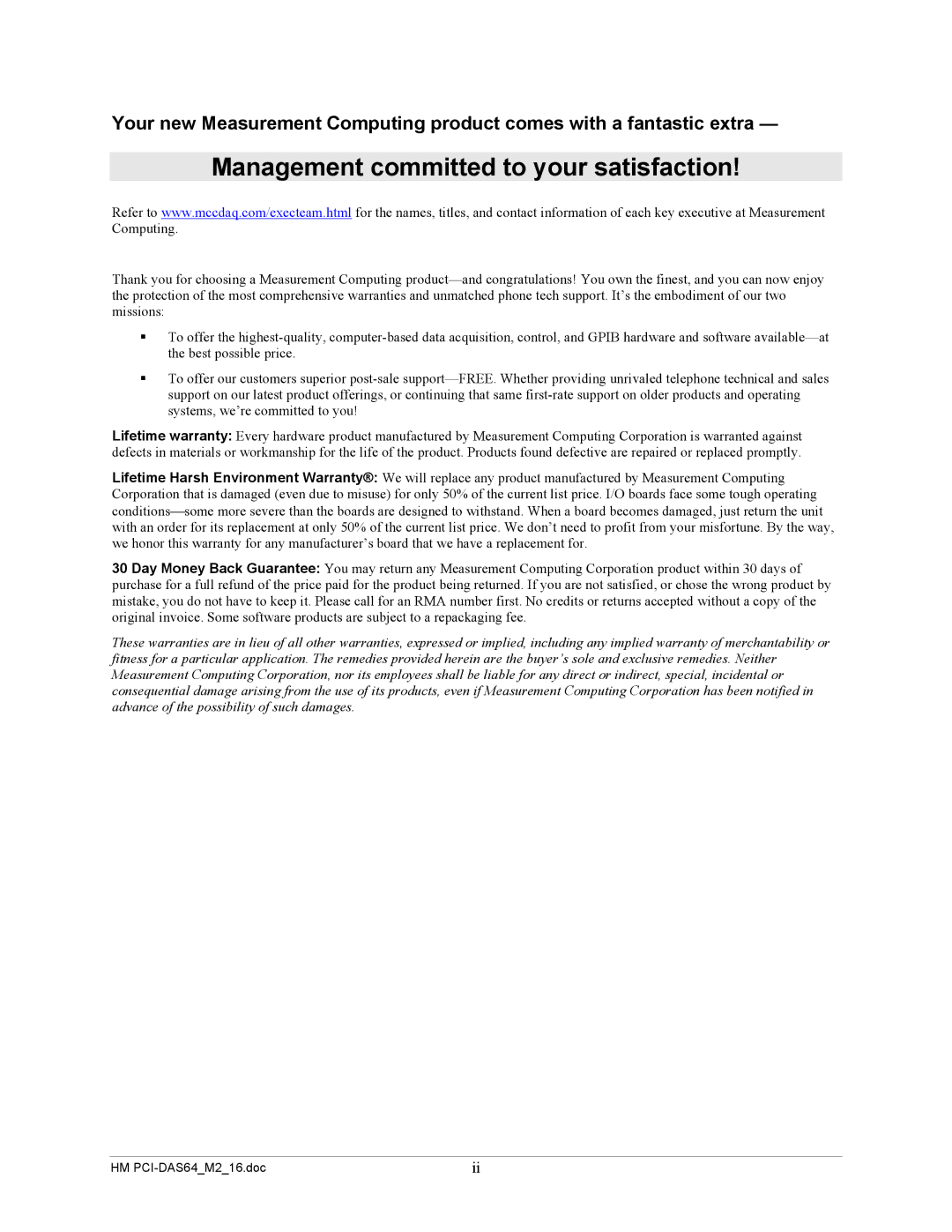 Measurement Specialties PCI-DAS64/M2/16 manual Management committed to your satisfaction 