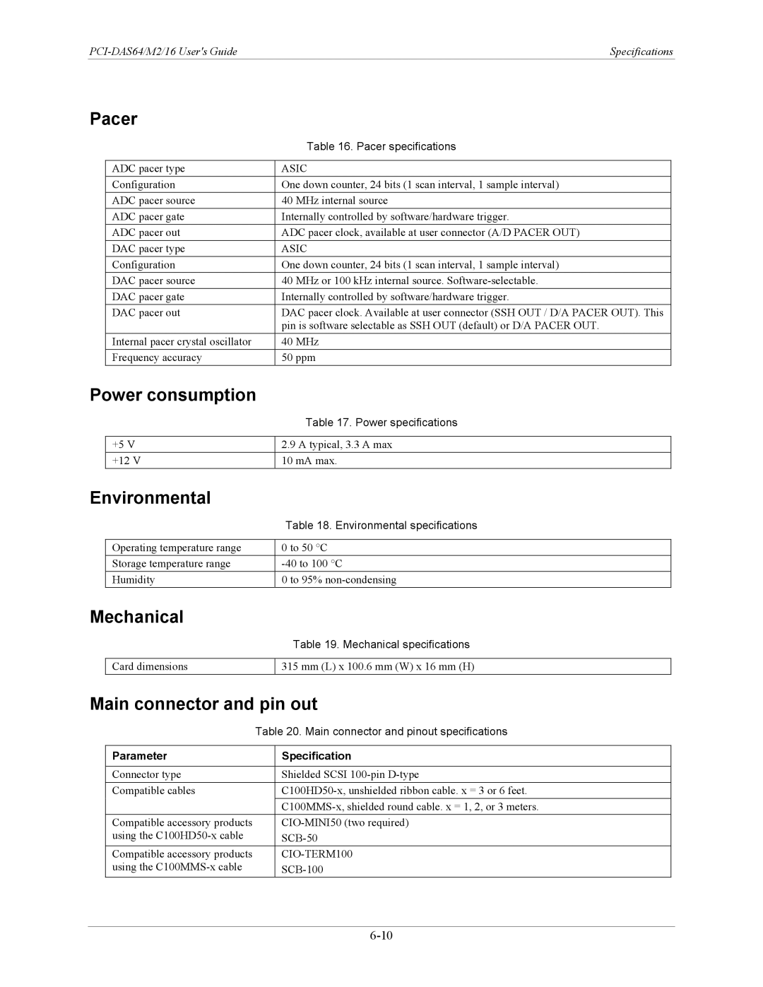 Measurement Specialties PCI-DAS64/M2/16 Pacer, Power consumption, Environmental, Mechanical, Main connector and pin out 