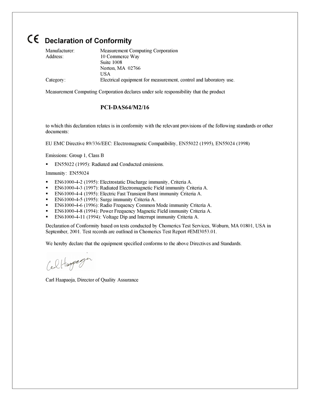 Measurement Specialties PCI-DAS64/M2/16 manual Declaration of Conformity, Usa 