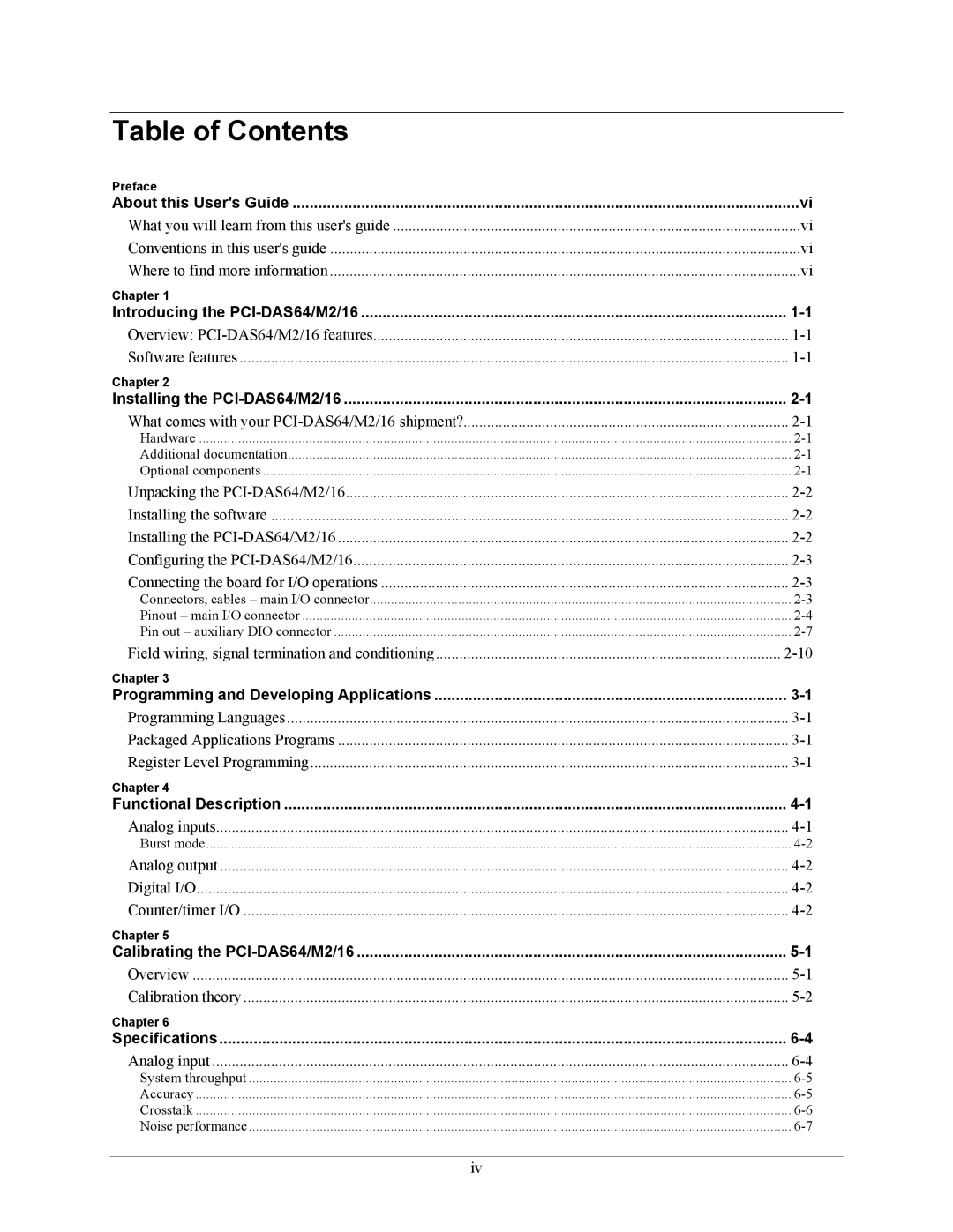 Measurement Specialties PCI-DAS64/M2/16 manual Table of Contents 