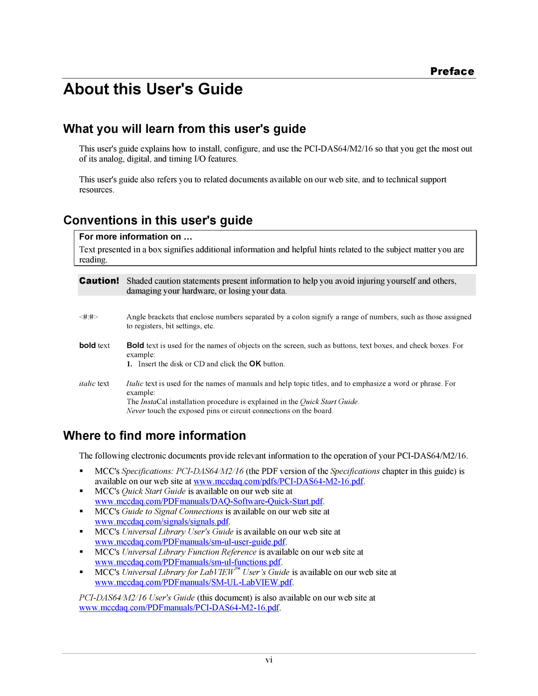 Measurement Specialties PCI-DAS64/M2/16 manual About this Users Guide, What you will learn from this users guide, Preface 