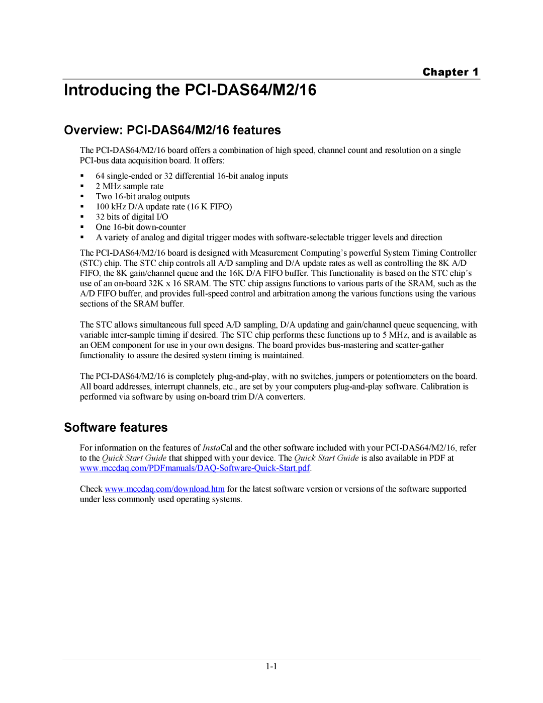 Measurement Specialties Introducing the PCI-DAS64/M2/16, Overview PCI-DAS64/M2/16 features, Software features, Chapter 