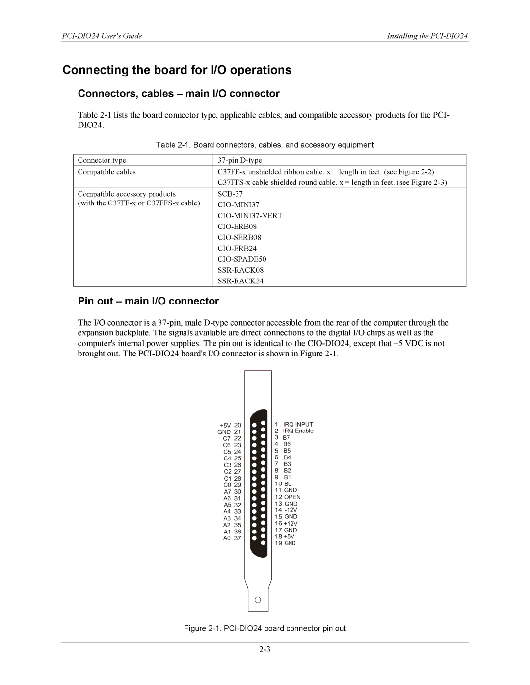 Measurement Specialties PCI-DIO24 manual Connecting the board for I/O operations, Connectors, cables main I/O connector 