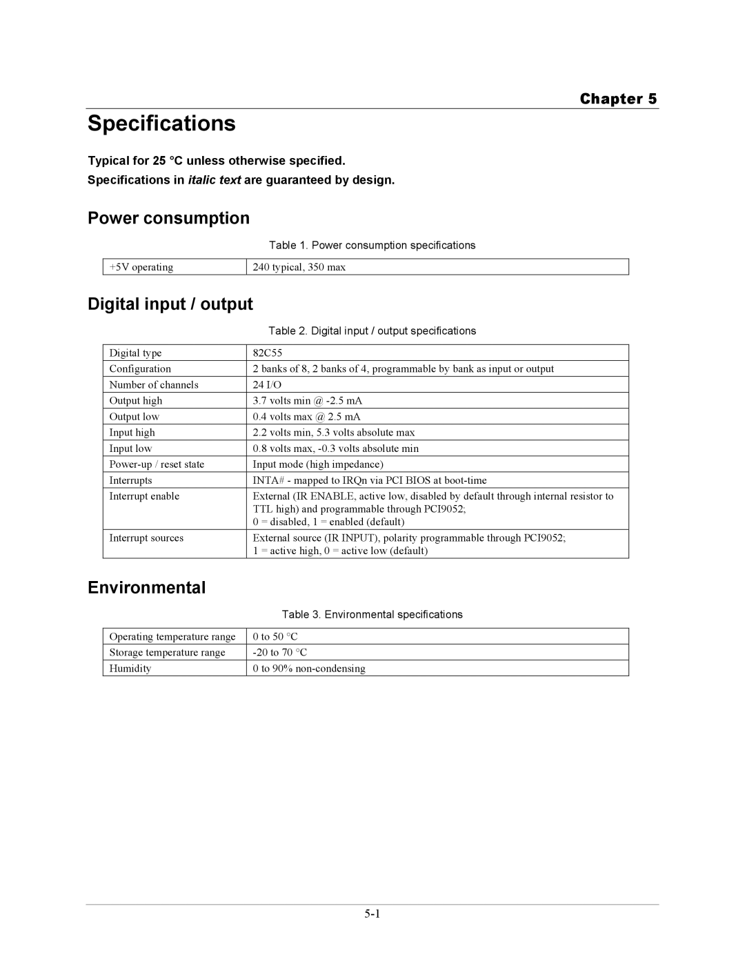 Measurement Specialties PCI-DIO24 manual Specifications, Power consumption, Digital input / output, Environmental 