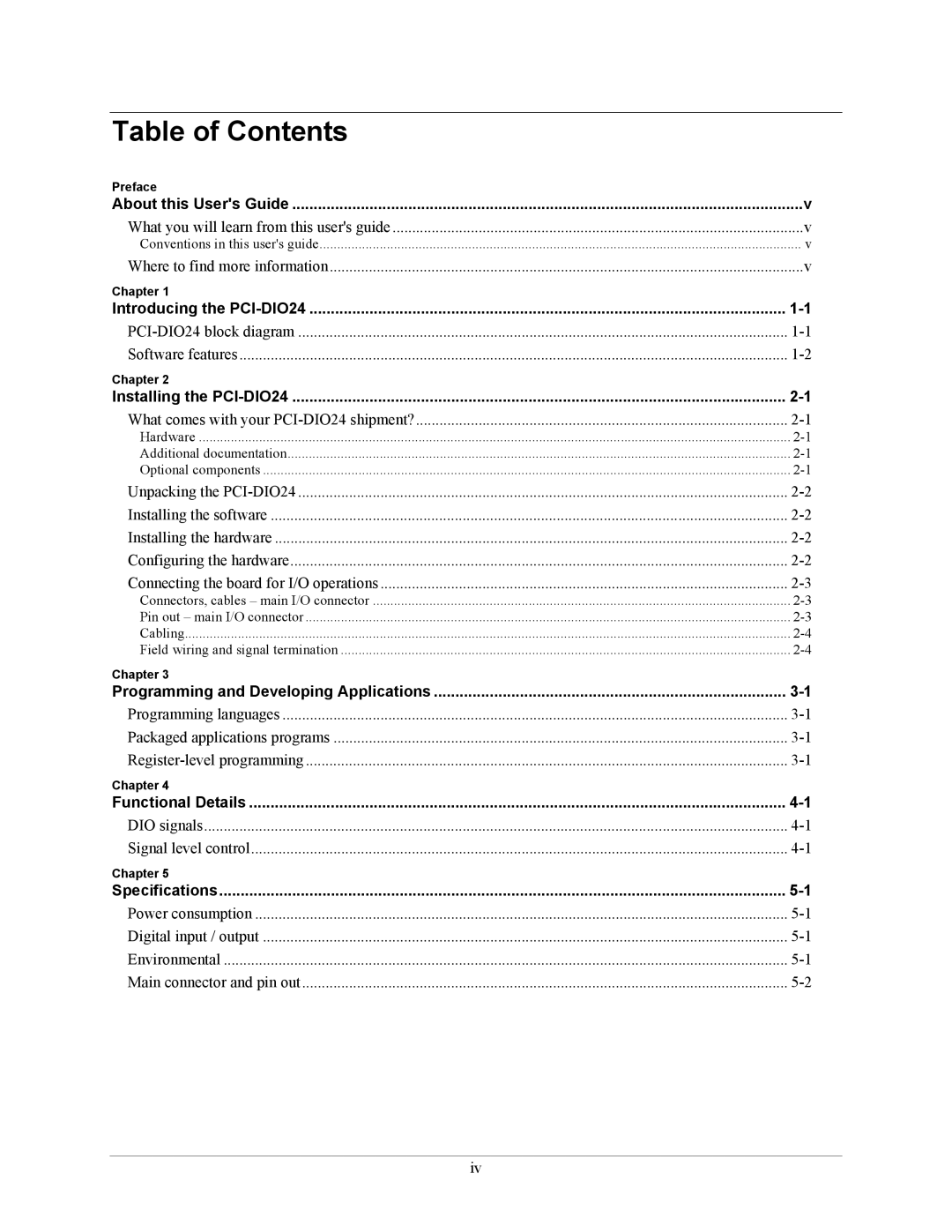 Measurement Specialties PCI-DIO24 manual Table of Contents 