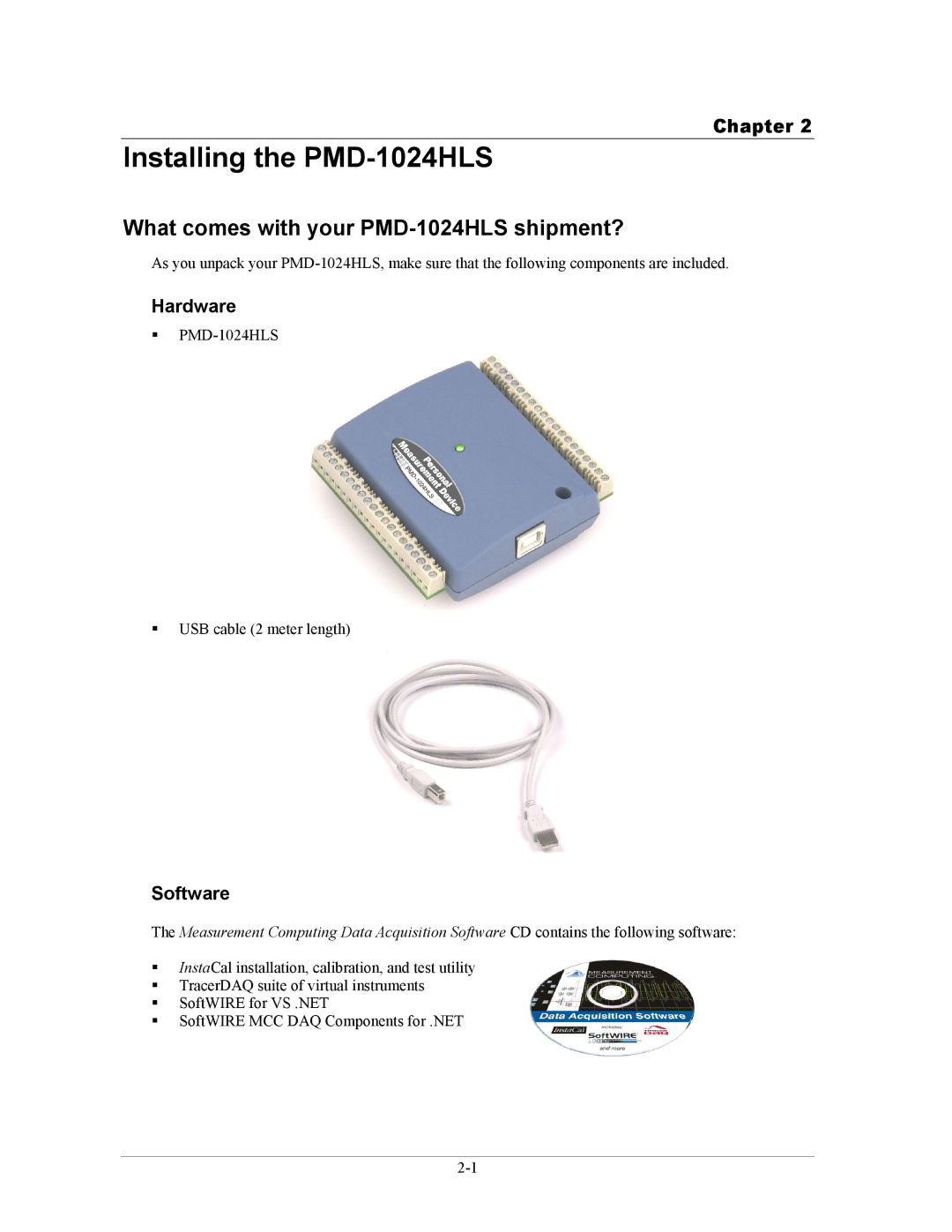 Measurement Specialties Installing the PMD-1024HLS, What comes with your PMD-1024HLS shipment?, Hardware, Software 