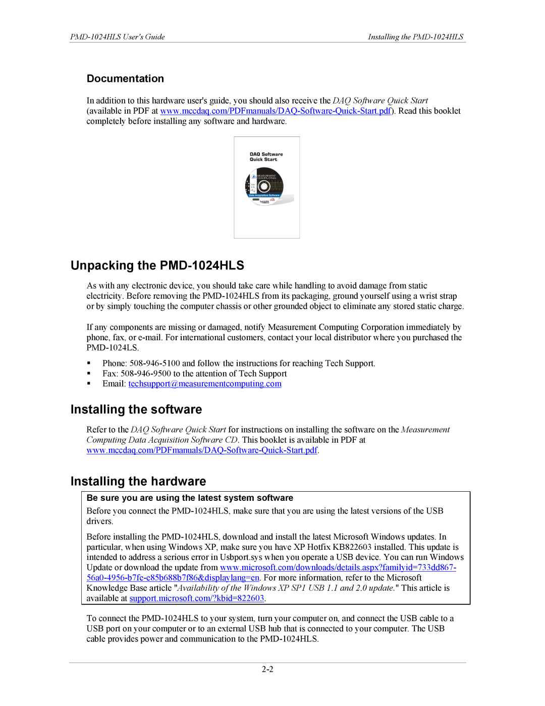 Measurement Specialties manual Unpacking the PMD-1024HLS, Installing the software Installing the hardware, Documentation 