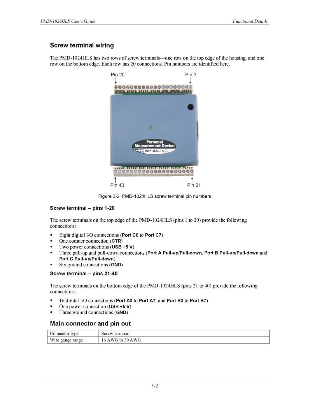 Measurement Specialties PMD-1024HLS manual Screw terminal wiring, Main connector and pin out, Screw terminal pins 