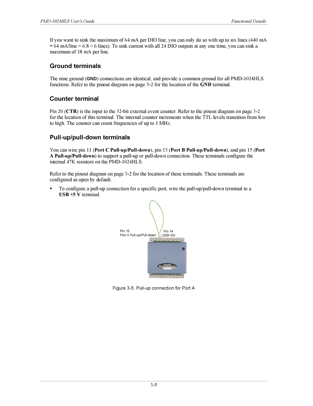 Measurement Specialties PMD-1024HLS manual Ground terminals, Counter terminal, Pull-up/pull-down terminals 