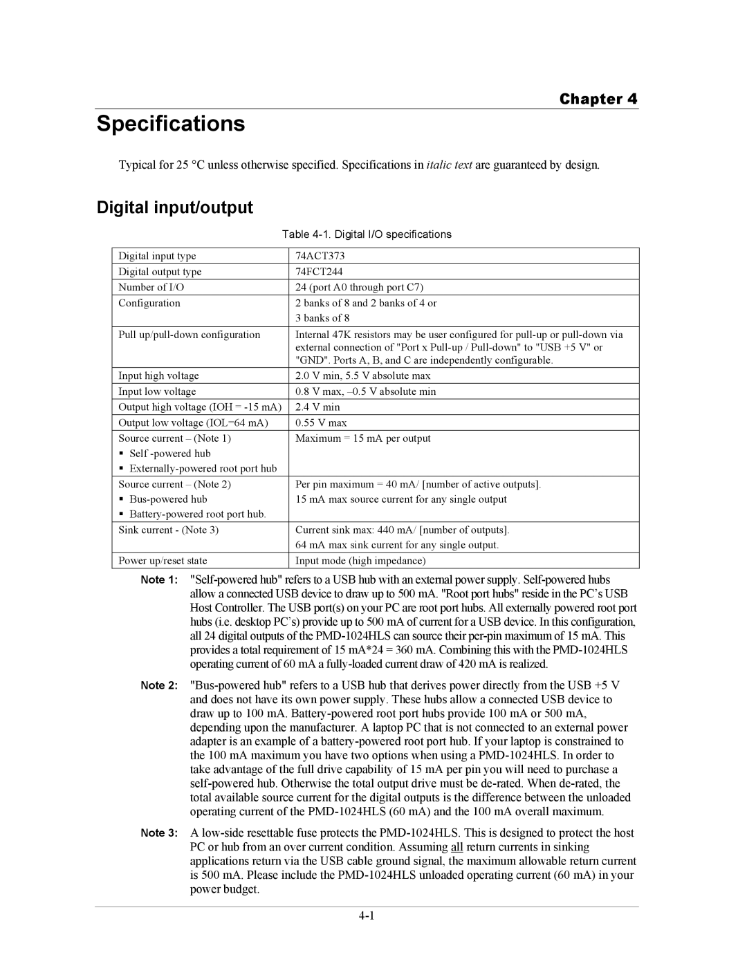 Measurement Specialties PMD-1024HLS manual Specifications, Digital input/output 