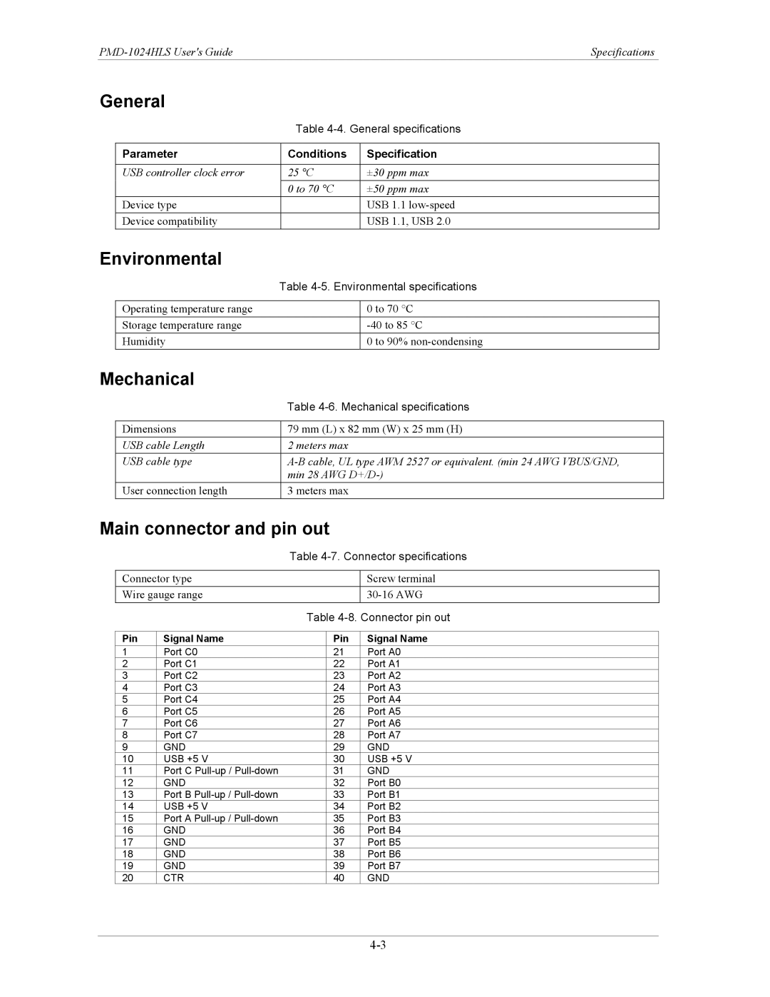 Measurement Specialties PMD-1024HLS manual General, Environmental, Mechanical, Main connector and pin out 