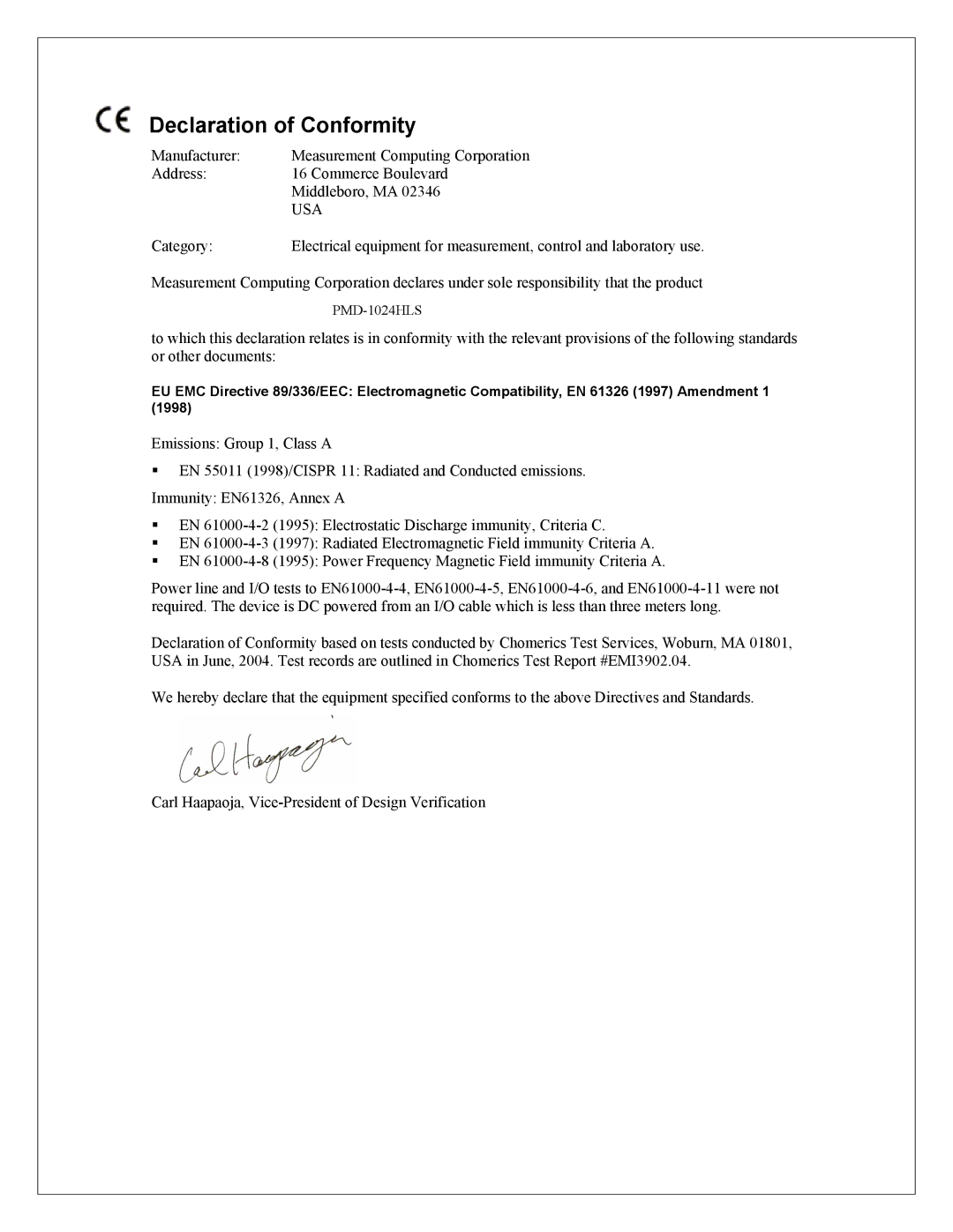 Measurement Specialties PMD-1024HLS manual Declaration of Conformity, Usa 