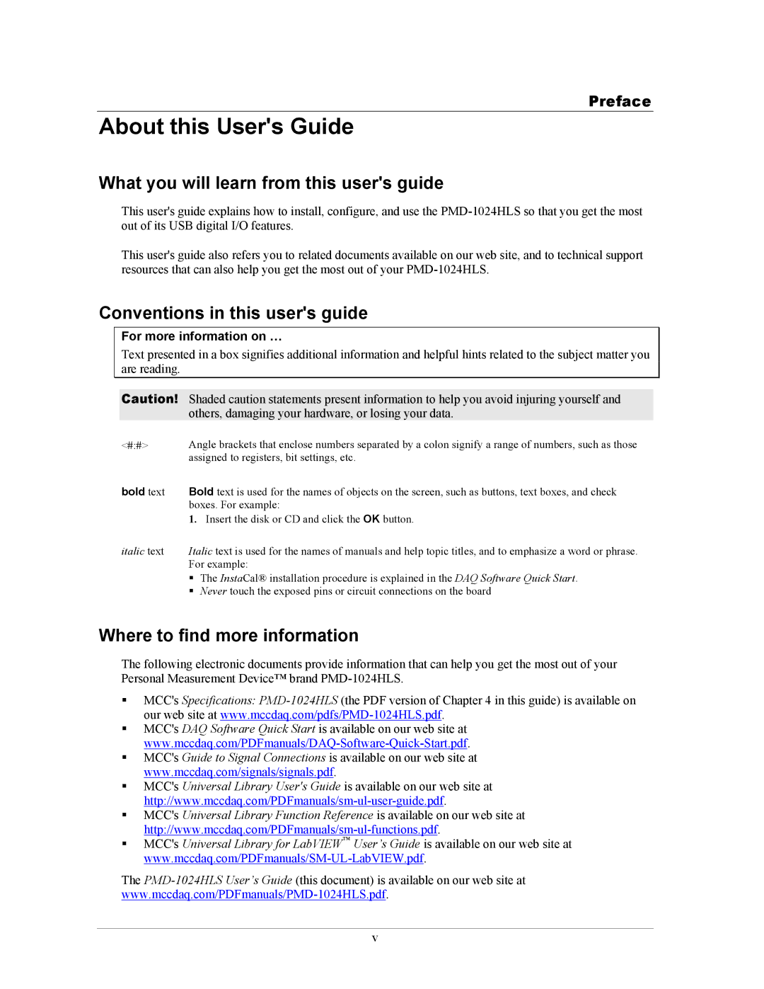 Measurement Specialties PMD-1024HLS manual About this Users Guide, What you will learn from this users guide, Preface 