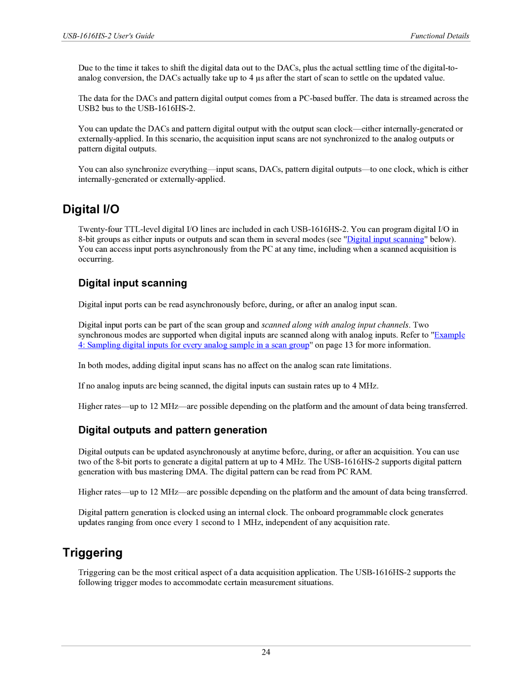 Measurement Specialties USB-1616HS-2 manual Digital I/O, Triggering, Digital input scanning 