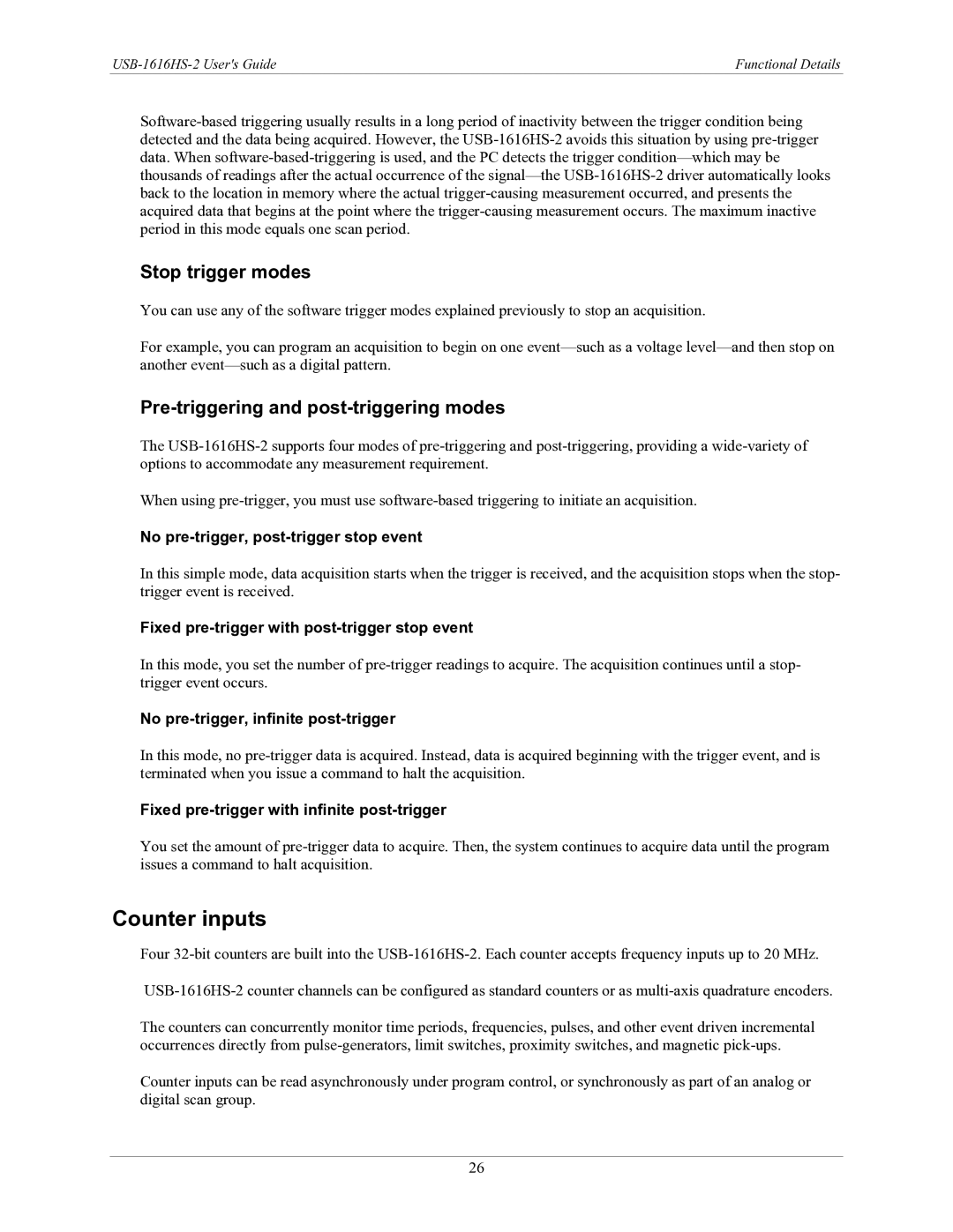 Measurement Specialties USB-1616HS-2 manual Counter inputs, Stop trigger modes, Pre-triggering and post-triggering modes 