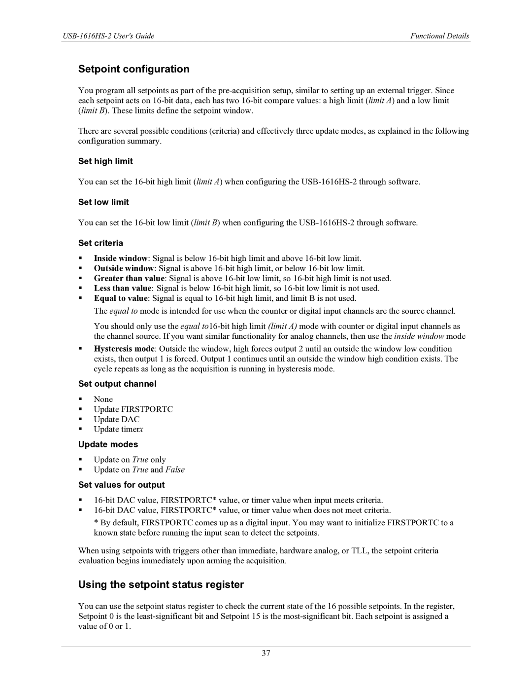 Measurement Specialties USB-1616HS-2 manual Setpoint configuration, Using the setpoint status register 