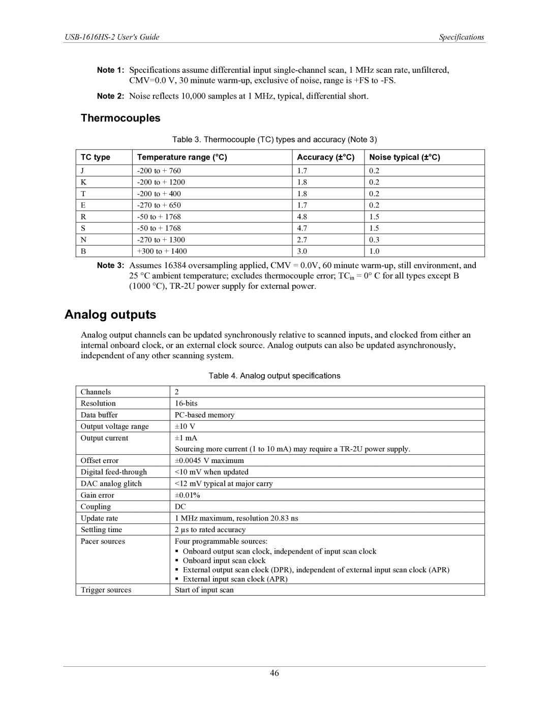 Measurement Specialties USB-1616HS-2 manual Analog outputs, Thermocouples, Thermocouple TC types and accuracy Note 