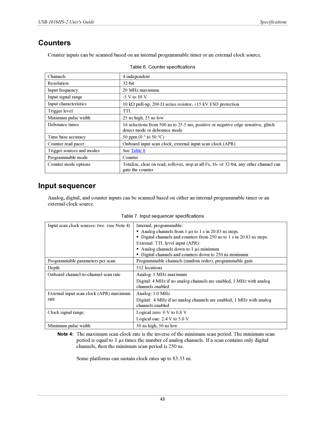Measurement Specialties USB-1616HS-2 manual Counters, Counter specifications, Input sequencer specifications 