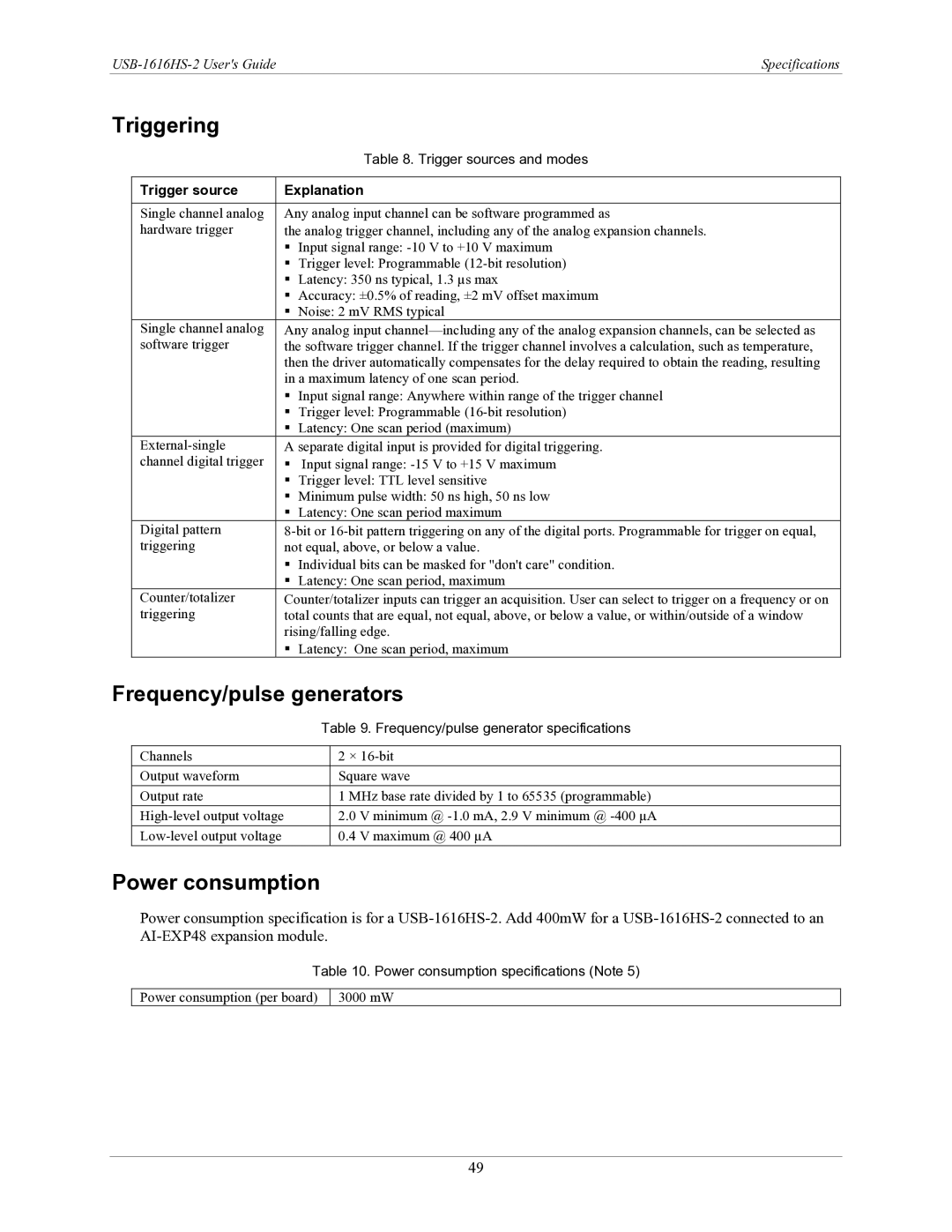 Measurement Specialties USB-1616HS-2 manual Frequency/pulse generators, Power consumption, Trigger sources and modes 