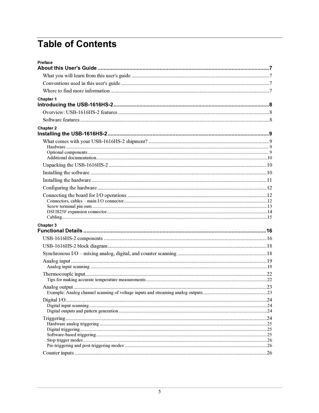 Measurement Specialties USB-1616HS-2 manual Table of Contents 