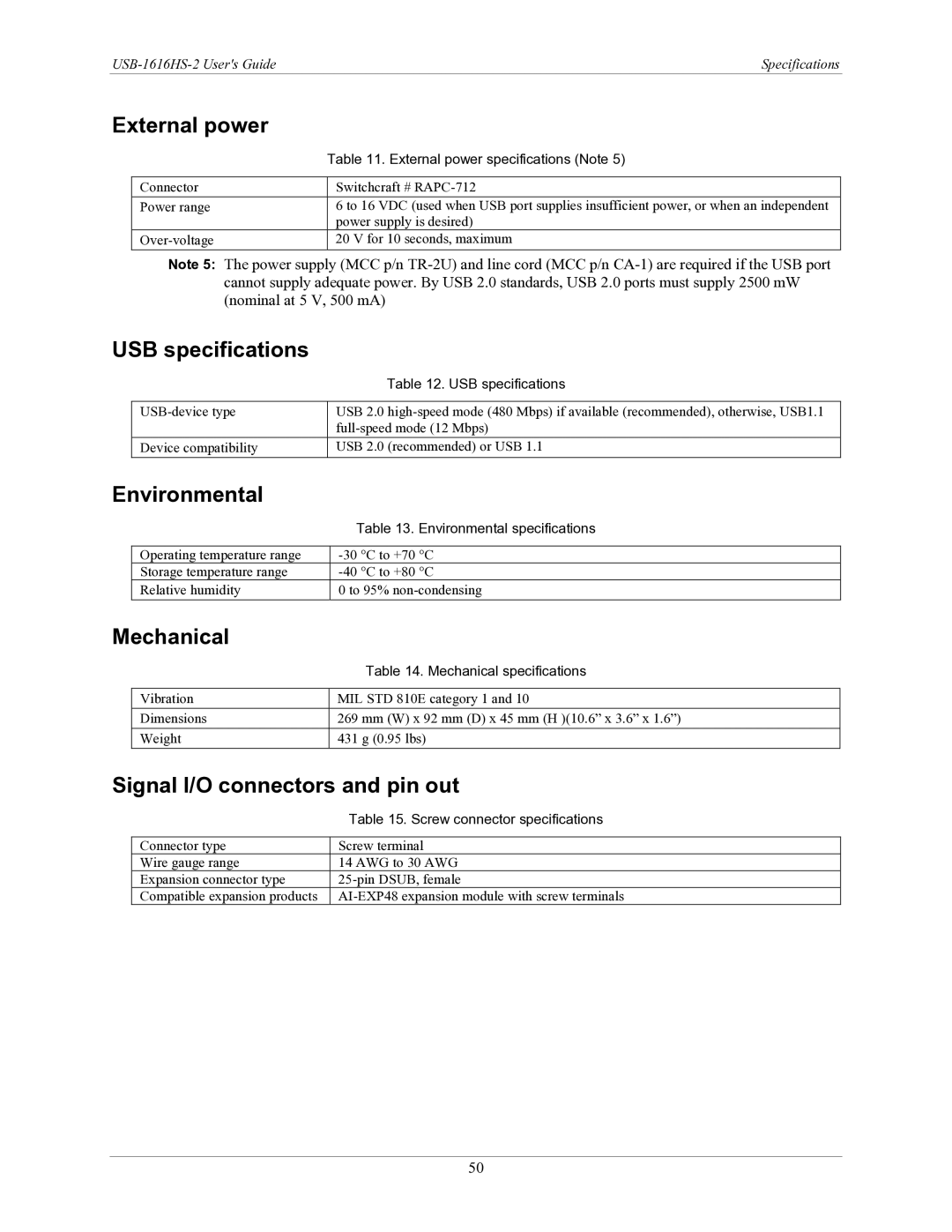 Measurement Specialties USB-1616HS-2 manual External power, USB specifications, Environmental, Mechanical 