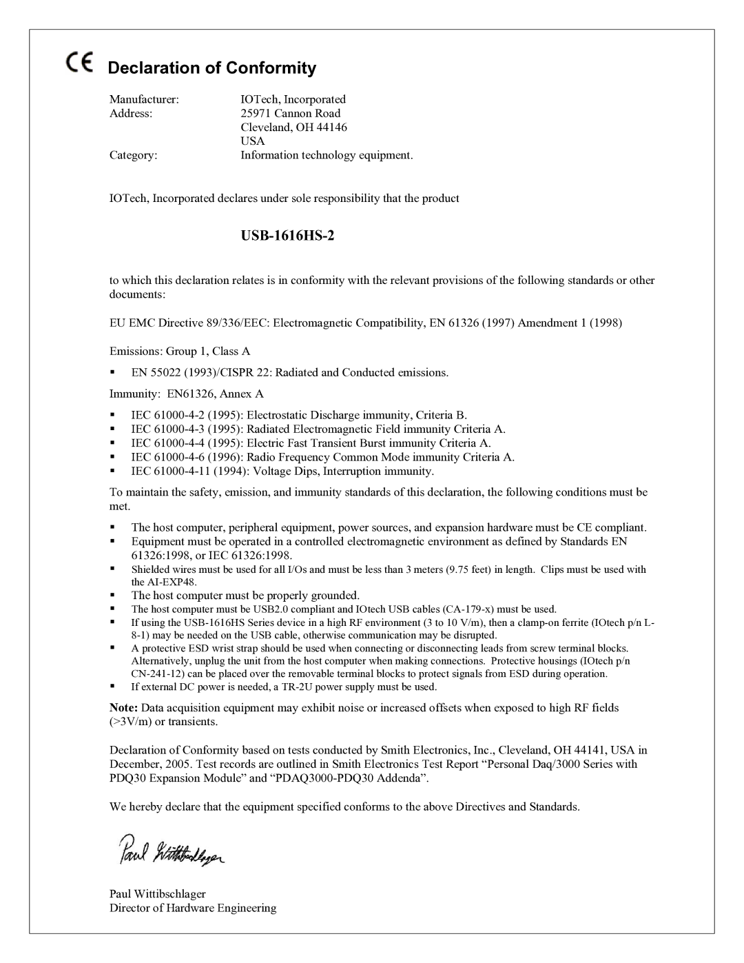 Measurement Specialties USB-1616HS-2 manual Declaration of Conformity, Usa 